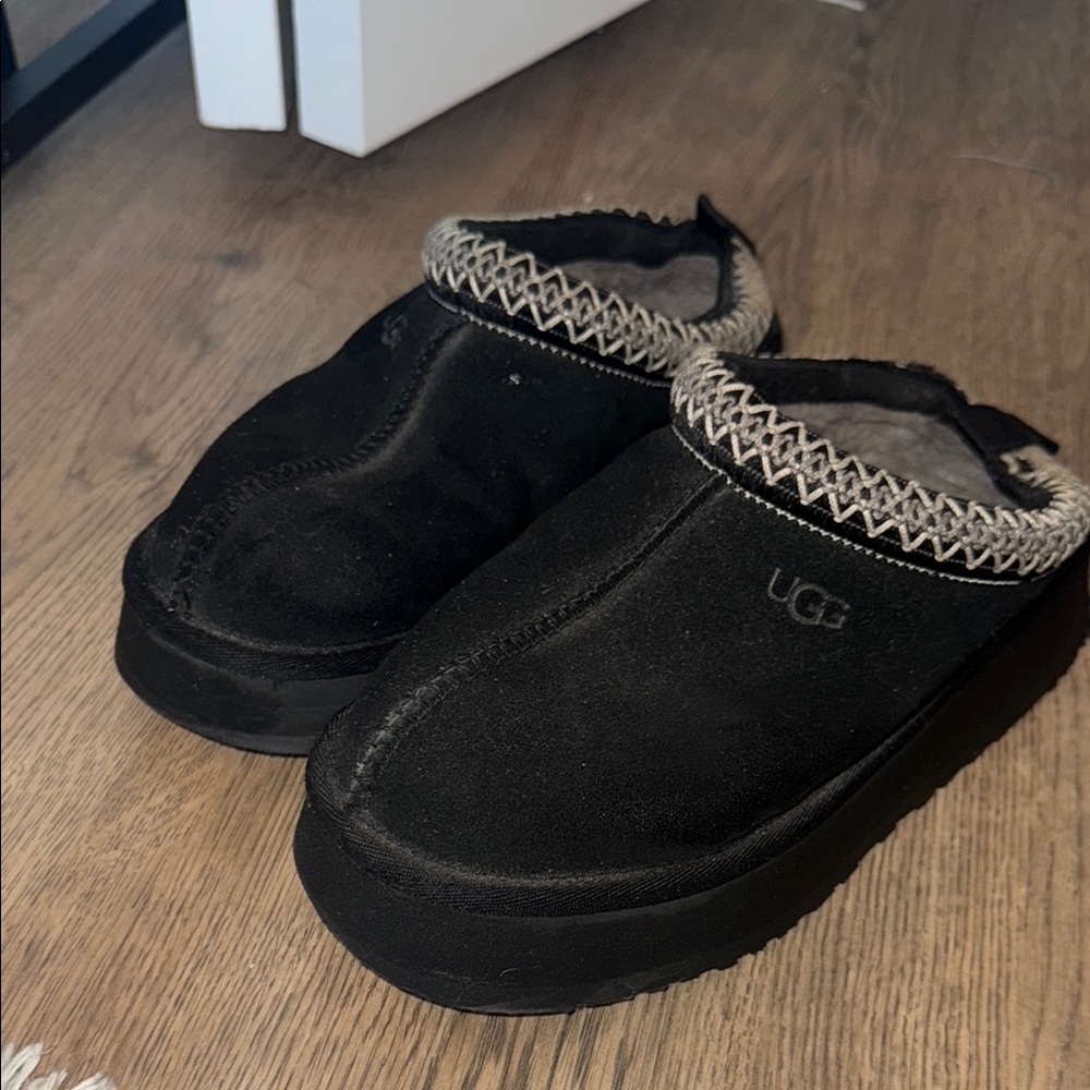 UGG Black Slip-On Suede Shearling Lined Slippers with Contrast Trim